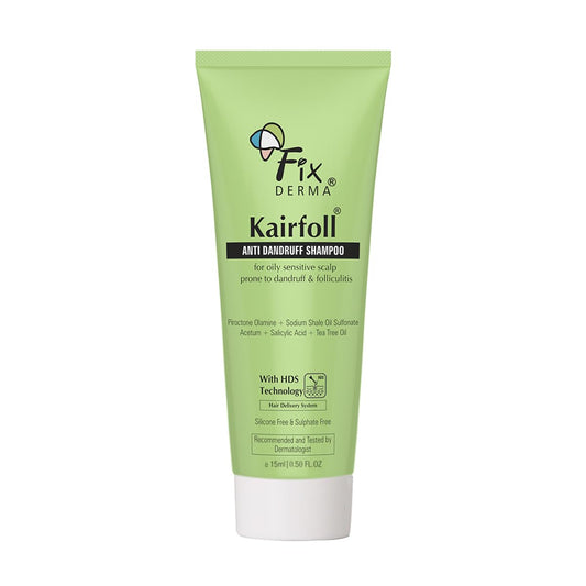 Fixderma Kairfoll Anti Dandruff Shampoo for Oily Sensitive Scalp Prone to Dandruff & Folliculitis | Anti Dandruff Shampoo for Women & Men | 2% w/w Salicylic Acid for Hair Fall Shampoo - 15 ml