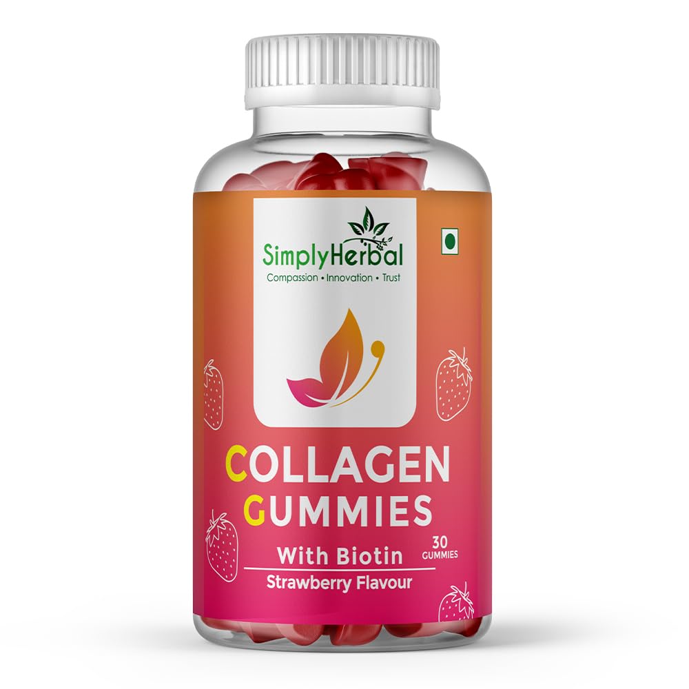 Simply Herbal Skin Collagen Builder with Biotin & Hyaluronic Acid | Hair & Skin Support for Men & Women | 30 Strawberry-Flavored Gummies