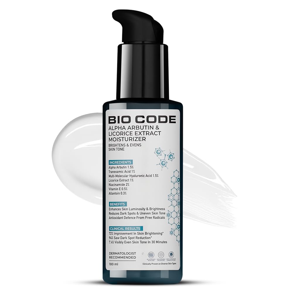 Bio Code 1.5% Alpha Arbutin Brightening Moisturizer (100ml) â€“ with 1% Tranexamic Acid, 1% Licorice & 2% Niacinamide | For Even Tone & Deep Hydration | AI-Enhanced Formula | Dermatologist Recommended