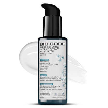 Bio Code 1.5% Alpha Arbutin Brightening Moisturizer (100ml) â€“ with 1% Tranexamic Acid, 1% Licorice & 2% Niacinamide | For Even Tone & Deep Hydration | AI-Enhanced Formula | Dermatologist Recommended