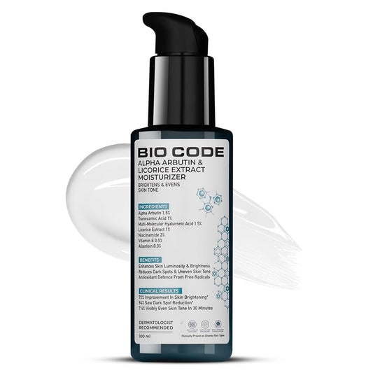 Bio Code 1.5% Alpha Arbutin Brightening Moisturizer (100ml) â€“ with 1% Tranexamic Acid, 1% Licorice & 2% Niacinamide | For Even Tone & Deep Hydration | AI-Enhanced Formula | Dermatologist Recommended