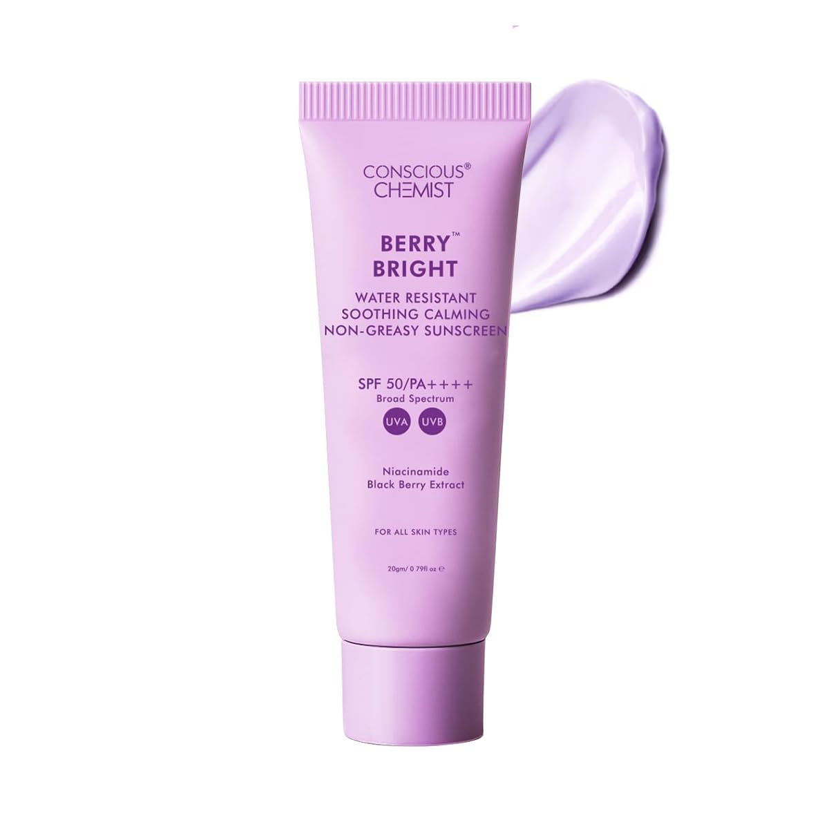Conscious ChemistÂ® Sunscreen SPF 50 PA++++ In-Vivo Tested | 20g | For Oily Skin, Gel Sunscreen, Niacinamide Sunscreen with Black Berry Extract, Hybrid Lightweight, Water Resistant, All Skin Types - Berry Bright