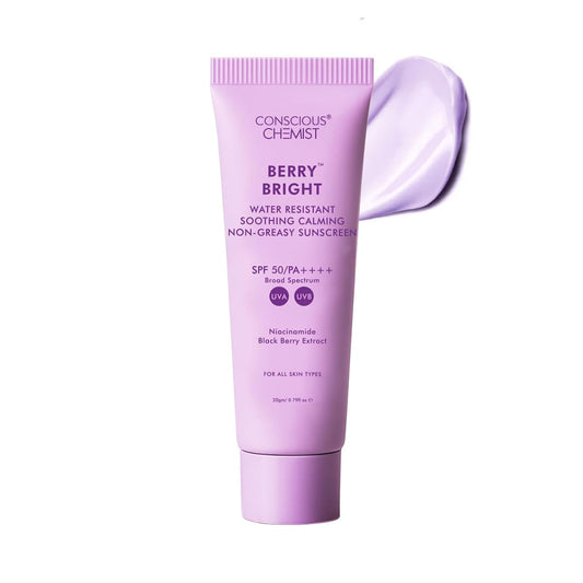 Conscious ChemistÂ® Sunscreen SPF 50 PA++++ In-Vivo Tested | 20g | For Oily Skin, Gel Sunscreen, Niacinamide Sunscreen with Black Berry Extract, Hybrid Lightweight, Water Resistant, All Skin Types - Berry Bright