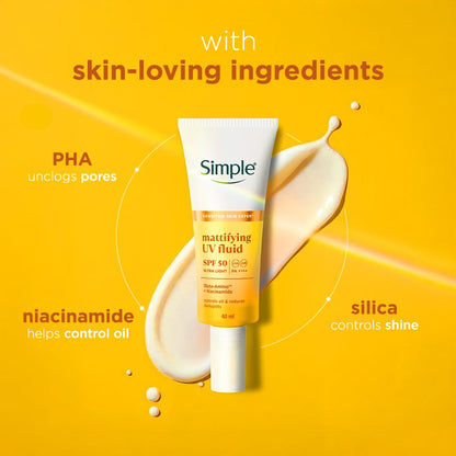 Simple Mattifying UV Fluid |SPF 50 PA++++ | With Niacinamide & GlutaAmino Technology| Sunscreen for Oily Skin & Dark Spots |Ultra Lightweight & Non-Sticky | UVA UVB & Bluelight protection | 40ml