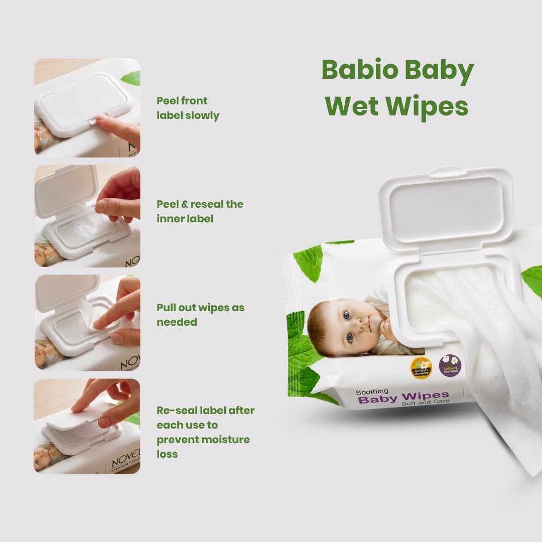 Novel Baby Wet Wipes 80 Wipes x Pack of 3 (240 Wipes) | Aloe Vera, Chamomile, Vitamin E Enriched | pH Balanced, Alcohol, Hypoallergenic & Paraben-Free | Soft Gentle Baby Wipes with Lid