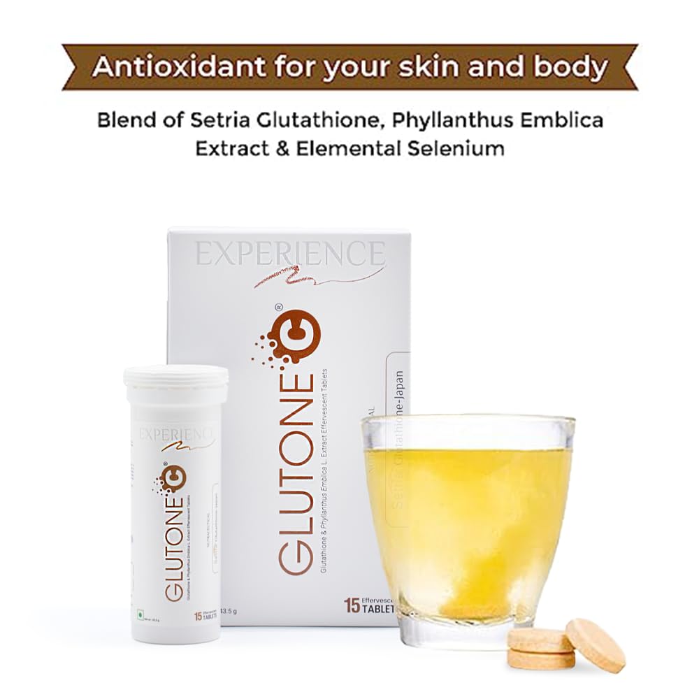 Glutone C Glutathione & Vitamin C Effervescent Tablets| Made with Setria L-Glutathione, Amla extract & Selenium| Even Tone & Glowing Skin| Pack of 15 Tablets