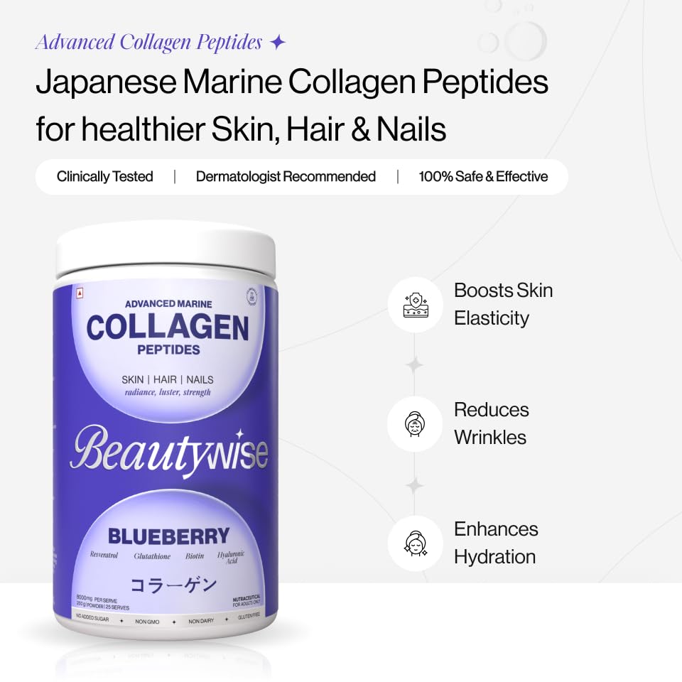 Beautywise Advanced Hydrolyzed Japanese Marine Collagen with Glutathione | For Radiance, Hydration, Youthful Skin | Fast-Absorbing 200gm, Clinically Proven | Skin, Hair & Nails | Blueberry (25 Servings)