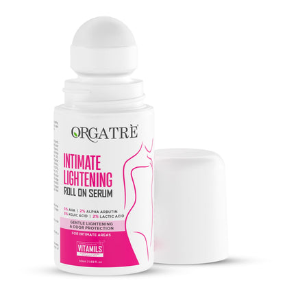 Orgatre Intimate Brightening Roll-On Serum | 5% AHA + 2% Alpha Arbutin 3% Kojic Acid | For Inner Thighs, Knees & Bikini Area | Intimate Areas for Women & Men 50ml