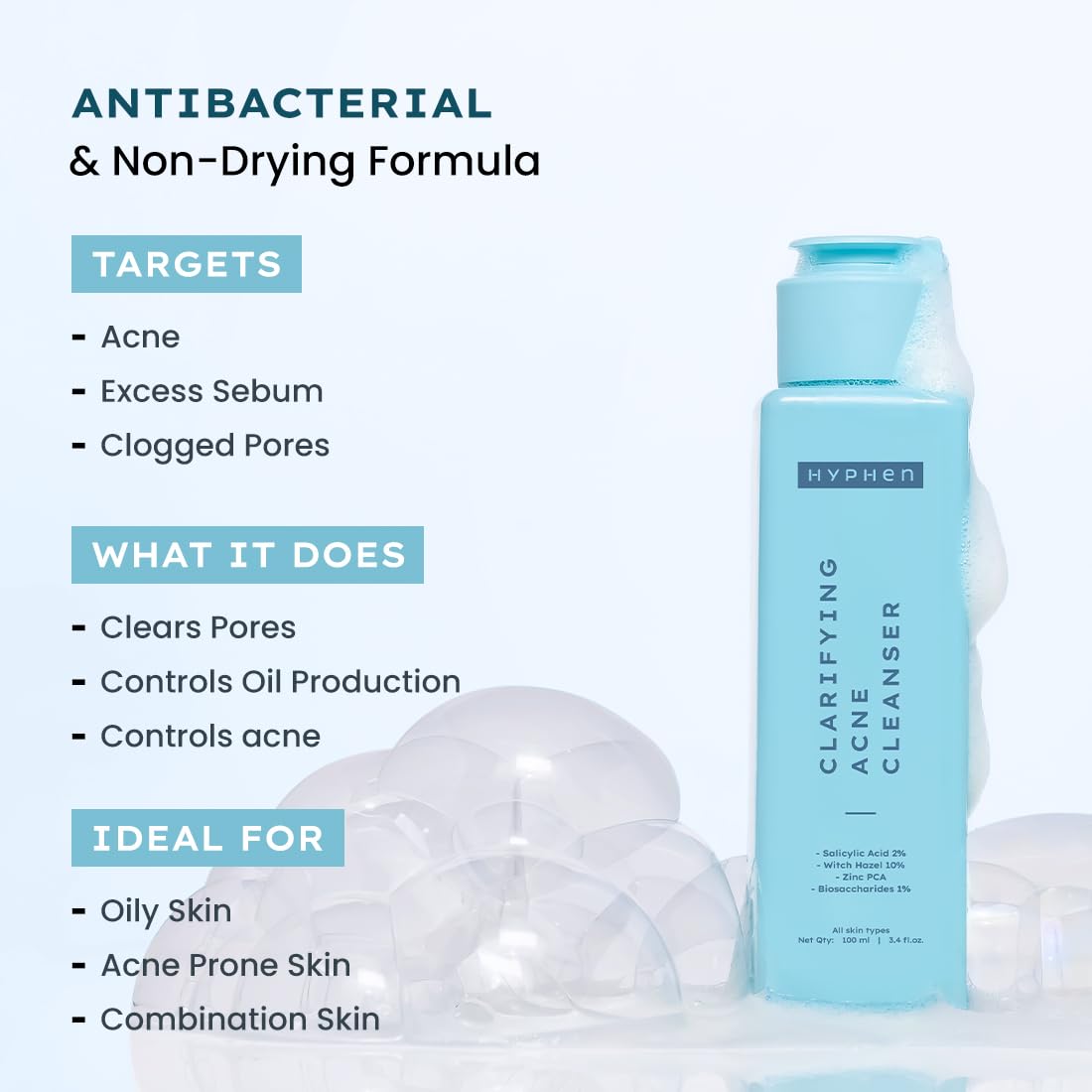 Hyphen Clarifying Acne Face Wash for Women and Men | Cleanser For Acne Prone Skin with Salicylic Acid 2%, Zinc PCA, Witch Hazel 10% | Oil Control Pore Cleasning | Antibacterial & Non-Drying - 100ml