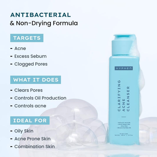 Hyphen Clarifying Acne Face Wash for Women and Men | Cleanser For Acne Prone Skin with Salicylic Acid 2%, Zinc PCA, Witch Hazel 10% | Oil Control Pore Cleasning | Antibacterial & Non-Drying - 100ml