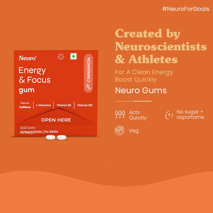 NeuroGum Energy Caffeine Gums (15 X 2 sachets) - Sugar Free with L-theanine + Natural Caffeine + Vitamin B12 & B6 - Energy & Focus Supplement for Women & Men - Cinnamon Flavor | Pack of 1 (30 Gums)