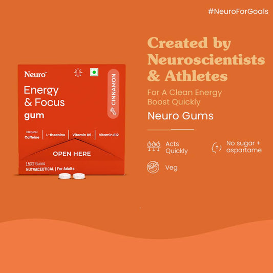 NeuroGum Energy Caffeine Gums (15 X 2 sachets) - Sugar Free with L-theanine + Natural Caffeine + Vitamin B12 & B6 - Energy & Focus Supplement for Women & Men - Cinnamon Flavor | Pack of 1 (30 Gums)