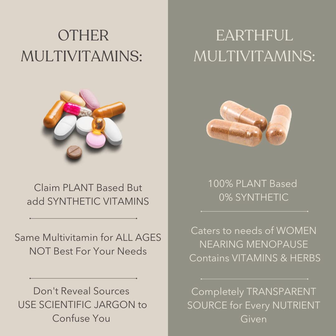 Earthful Multivitamin for Women 40+, 50+, Nearing Menopause | Improved Immunity, Hormonal Health, Skin, Hair & Bone Health | 100% Natural and Plant Based with 12 Vital Vitamins, Herbs | 60 Capsules