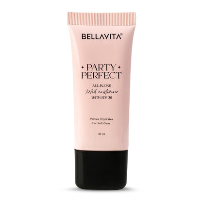 BELLAVITA Party Perfect All-in-one Tinted Moisturizer with SPF 30 | Hydrating Skin Tint, Face Primer & Sunscreen | Lightweight Formula with Adaptive Tint for Natural, Dewy Glow | 30ml (Medium Shade)