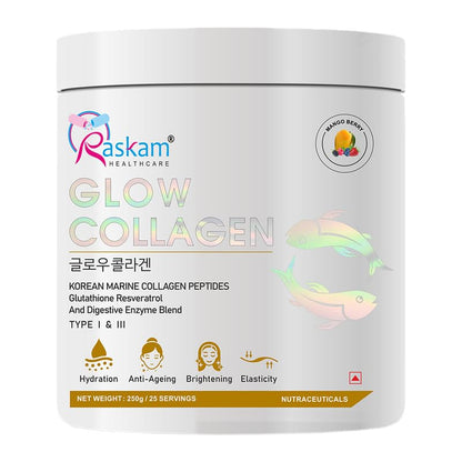 Glow Collagen Powder 250gm of 25 Servings | Korean Marine Flavored (Mango Berry) Collagen Powder Supplements for Women & Men