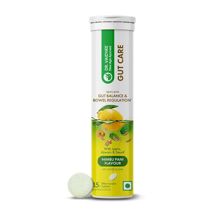 Dr. Vaidyaâ€™s Gut Care Effervescent Tablets | Helps reduce bloating & acidity, improves digestion, promotes gut health & regulates Bowel movement | Jeera, Ajwain, Saunf | Prebiotic & Probiotic Blend with healthy gut microbiome 15 Tablets