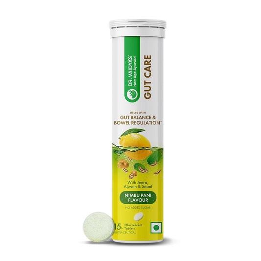 Dr. Vaidyaâ€™s Gut Care Effervescent Tablets | Helps reduce bloating & acidity, improves digestion, promotes gut health & regulates Bowel movement | Jeera, Ajwain, Saunf | Prebiotic & Probiotic Blend with healthy gut microbiome 15 Tablets