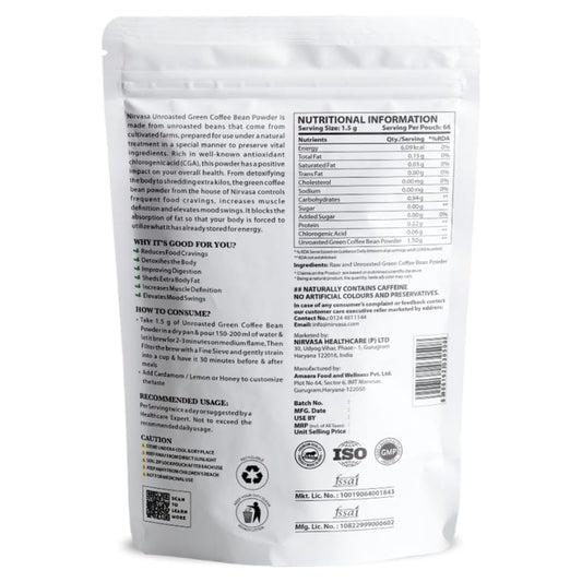 Nirvasa Pure Green Coffee Bean Powder for Weight Loss & Detox | Natural Fat Burner with Chlorogenic Acid | Boosts Metabolism, Energy & Fitness | Unroasted Arabica Extract Powder, 100g