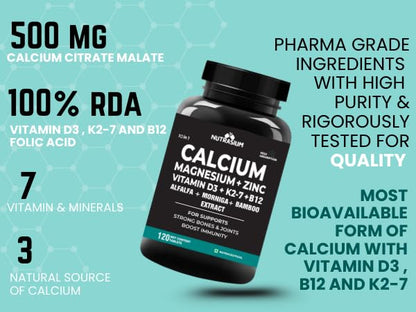Nutrasium | Calcium & Vitamin D3 Tablets | Calcium Magnesium Zinc D3 & K2 with B12 & Folic Acid | Alfalfa, Moringa & Bamboo Leaves Extract | For Strong Bone & Joint Support | 60 Tablets