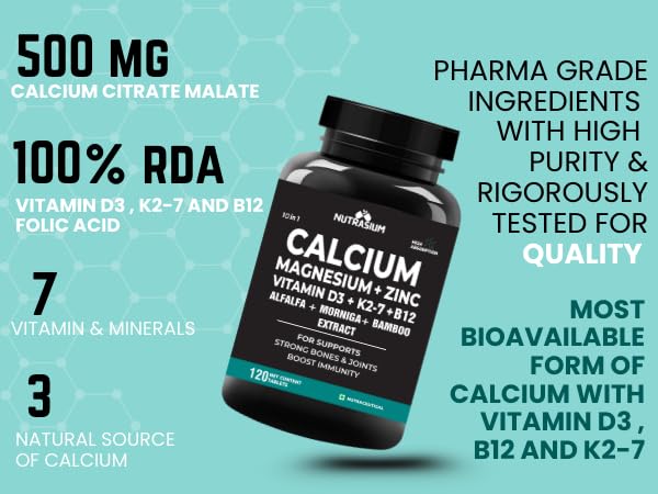 Nutrasium | Calcium & Vitamin D3 Tablets | Calcium Magnesium Zinc D3 & K2 with B12 & Folic Acid | Alfalfa, Moringa & Bamboo Leaves Extract | For Strong Bone & Joint Support | 120 Tablets