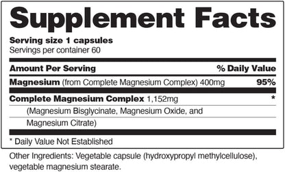 Snap Triple Magnesium Complex for Women & Men for Sleep & Muscle Support â€“ 400mg, 3-in-1 Magnesium Supplement â€“ Bisglycinate, Citrate & Oxide â€“ Chelated for High-Absorption, 60 Vegetarian Capsules