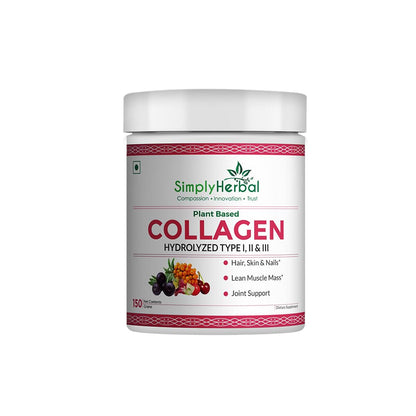 Simply Herbal Plant Based Collagen Powder Natural Peptide Builder Supplement Drink With Vitamin C, Silica, & Biotin For Skin Hair Nail Health Promote Bone Joint Function for Men & Women â€“ 150 gm