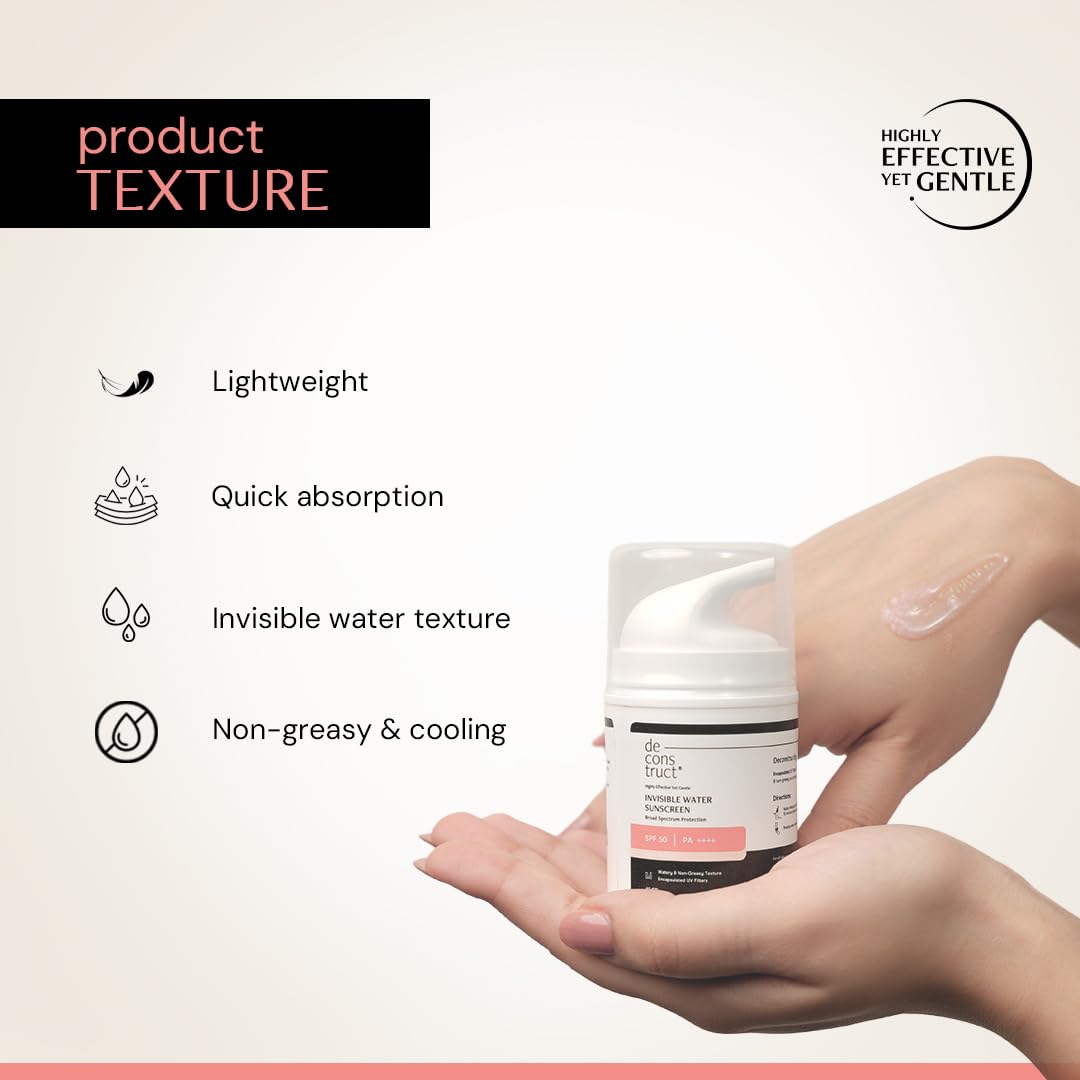 Deconstruct Invisible Water Sunscreen SPF 50 PA+++ | Instant Cooling & Freshness | 8-Hour Long Lasting Sunscreen | Broad Spectrum UVA & UVB Protection | No White Cast | For All Skin Types | 40g