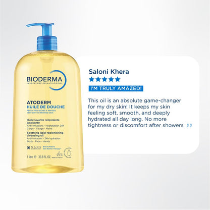 Bioderma Atoderm Huile de douche Anti-iritation Cleaning Oil | 24hrs Hydration | Face and Body Moisturizer | Soothes Discomfort - Dry to Very Dry Sensitive Skin - 1 Ltr