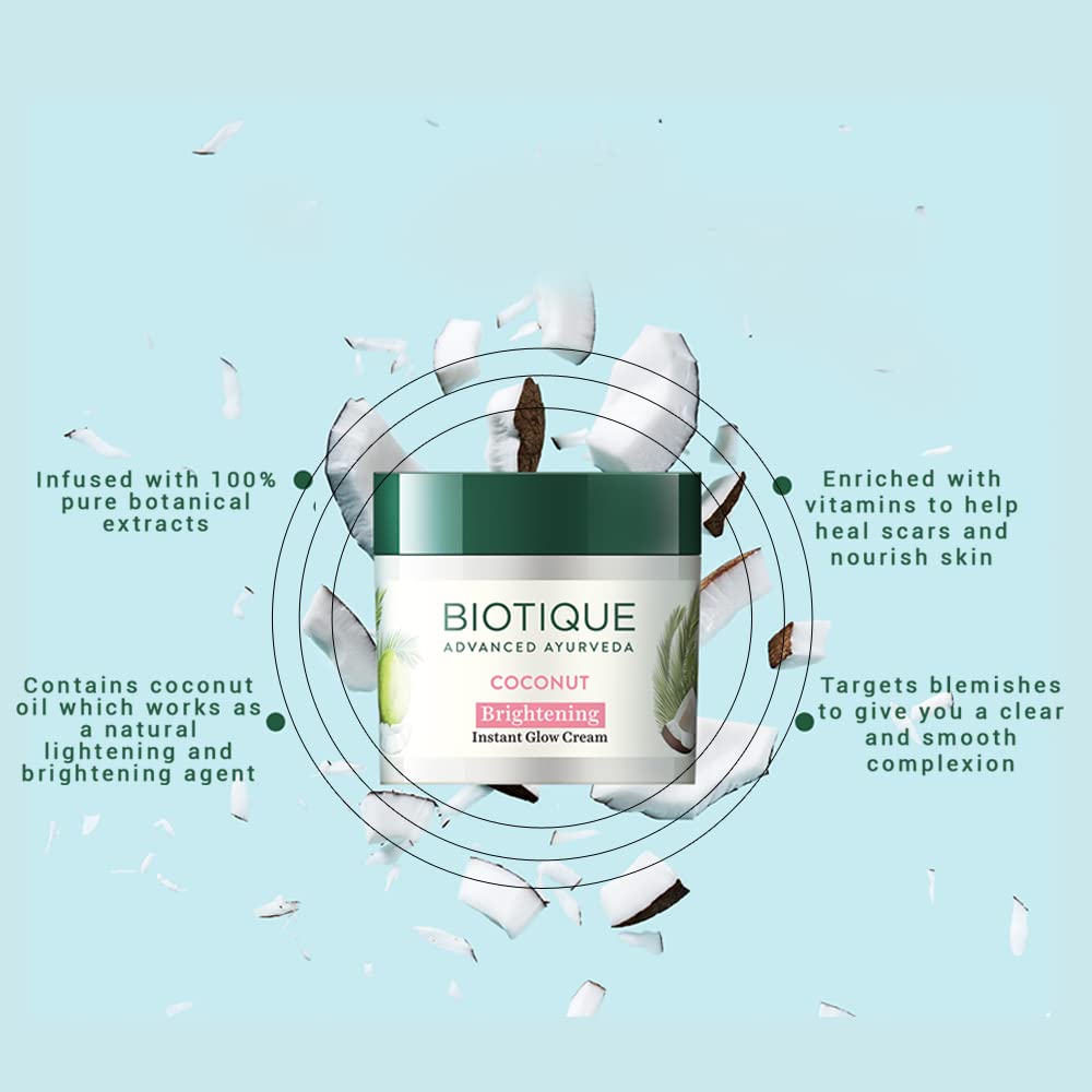 Biotique Coconut Brightening Instant Glow Cream| Lightweight and Non-Greasy | Reduces Dark Spots and Protects Ageing | Nourished and Moisturized Skin |100% Botanical Extracts| All Skin Types | 50gm