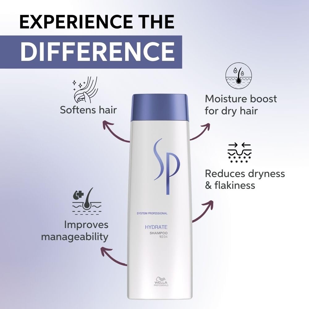 Wella Professionals SP Hydrate Shampoo for Frizzy and Dry Hair | Intense Hydration for Dull & Flaky Scalp | Gentle Cleansing & Lightweight Moisturisation