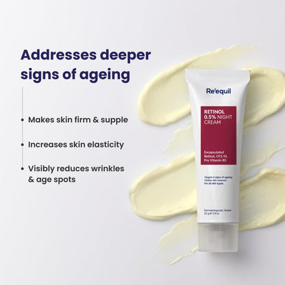 RE' EQUIL 0.5% Retinol Night Cream | Makes Skin Youthful & Smooth | Prevents Fine Lines & Wrinkles | Unisex | All Skin Types | 32G