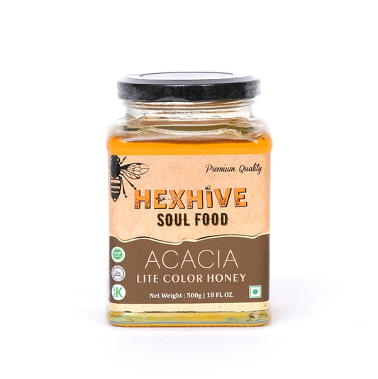 Hexhive Acacia Lite Colour Honey | Pure Organic Honey from Acacia Blossoms | Light & Mild Taste | Low Crystallisation | Natural Sweetener for Milk, Coffee, Tea, Breakfast | Octagon Glass Jar | 500g