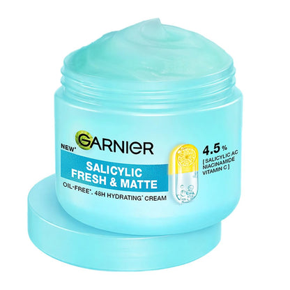 Garnier Fresh & Matte Salicylic Acid Sorbet Moisturizer Cream, 4.5% Salicylic Acid + Niacinamide + Vitamin C, 9x Lighter Sorbet Cream, For Hydration & Oil Control, Suitable for Oily to Normal & Combination Skin, 45g
