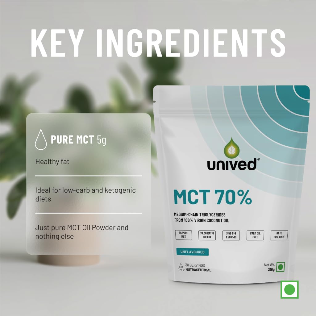 Unived MCT 70% | Medium Chain Triglyceride Oil Powder | Clean Energy Fuel | Pure MCT 5g with C-8: 3528mg & C-10: 1512mg in a 70:30 ratio | Vegan & Keto Friendly | 30 Servings