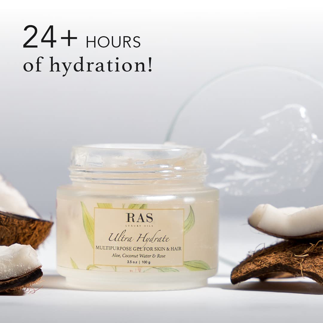 RAS Luxury Oils Ultra Hydrate Multipurpose Gel for Skin & Hair | Made with Hyaluronic Acid, Hibiscus, Aloe Vera and Rose | Provides Hydration & Calms Skin | Vegan & Cruelty Free, 100 gm