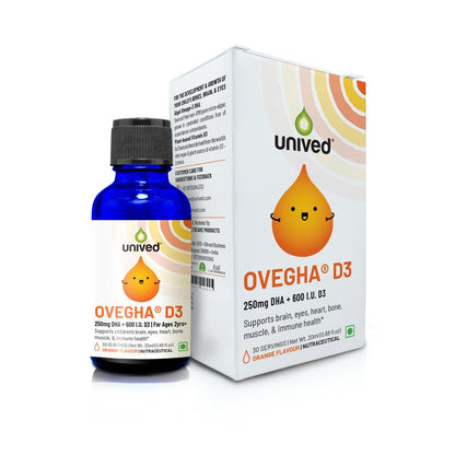 Unived Ovegha D3 Kids, Vegan Algae Omega-3 DHA with Plant-Based Vitamin D3, 250mg DHA & 600 I.U. D3, Liquid Dropper, Natural Orange Flavour, 30 servings