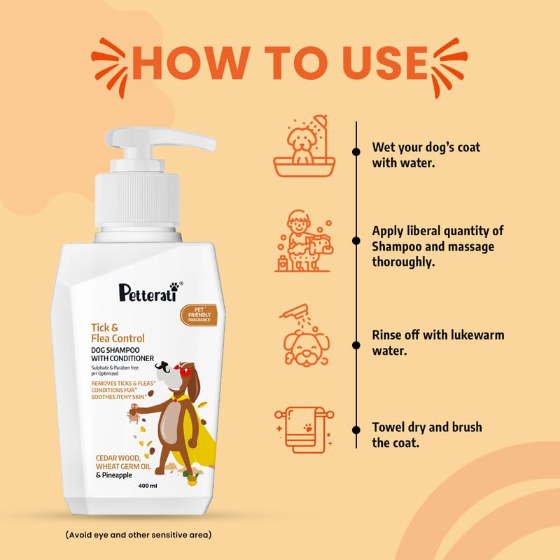 Petterati Tick & Flea Dog Shampoo (400ml) Removes Ticks, Soothes & Conditions - Sulphate & Paraben Free - for Golden Retriever, Labrador, Shih Tzu, German Shepherd
