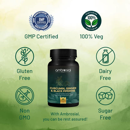 Ambrosial Curcumin Capsules With Turmeric and Black Pepper with Ginger | High Strength Tablets with Enhanced Absorption | 95% Curcuminoids Curcumin with Piperine (Pack of 1-60 Capsules)