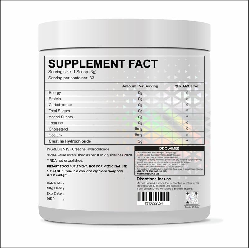Pure Creatine HCL Supplement 100g (33 Servings)| Unflavored Powder | Improves Muscle Strength & Power | Rapid Absorption