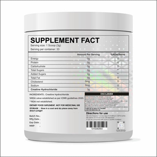 Pure Creatine HCL Supplement 100g (33 Servings)| Unflavored Powder | Improves Muscle Strength & Power | Rapid Absorption