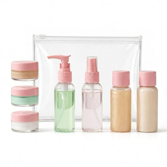 Temperia Travel Bottles for Toiletries (7pcs) - Refillable Empty Mini Containers with Pouch (Random Colors) - Travelling Accessories & Essentials Kit Set for Shampoo, Cosmetics, and More