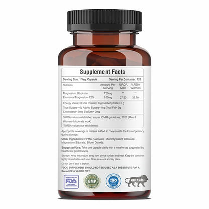 Magnesium Glycinate Capsules, 100 Veg Capsules, Muscle Relaxation & Healthy Sleep Support (750 mg)