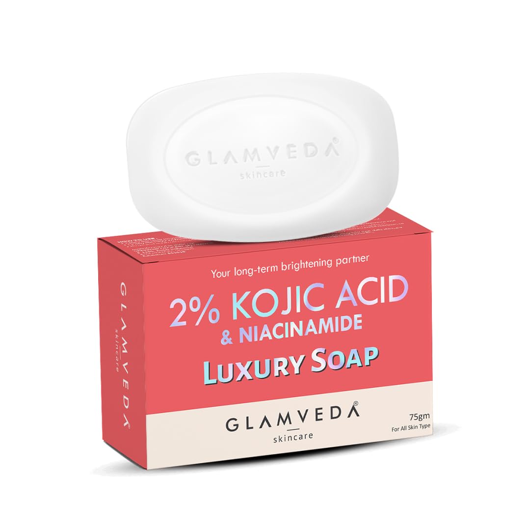 Glamveda 2% Kojic Acid Skin Lightening Soap with Niacinamide | For Dark Spots, Pigmentation & Sun Tanning | For Glass Skin | Clear Glow | All Skin Types | 75gm Pack of 1
