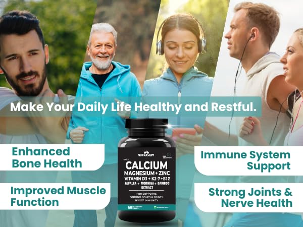 Nutrasium | Calcium & Vitamin D3 Tablets | Calcium Magnesium Zinc D3 & K2 with B12 & Folic Acid | Alfalfa, Moringa & Bamboo Leaves Extract | For Strong Bone & Joint Support | 120 Tablets