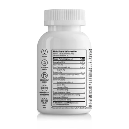 Unived Advanced nutrients With Caroriteâ„¢ (Carotenoid complex), Coenzyme Q10, Curcumin, Trans-resveratrol, Choline & L-taurine | Advanced formula to support healthy aging | 60 Vegan Capsules