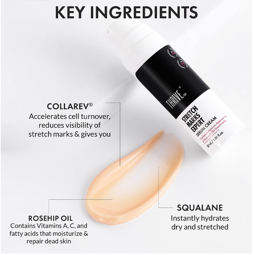 ThriveCo Stretch Marks Expert Serum Cream | Clinically Proven Treatment for New red & Old white Stretch Marks & Scars Removal | Infused with CollarevÂ®, Strioverâ„¢, Rosehip Oil | Women & Men (Stretch Marks 30ML)