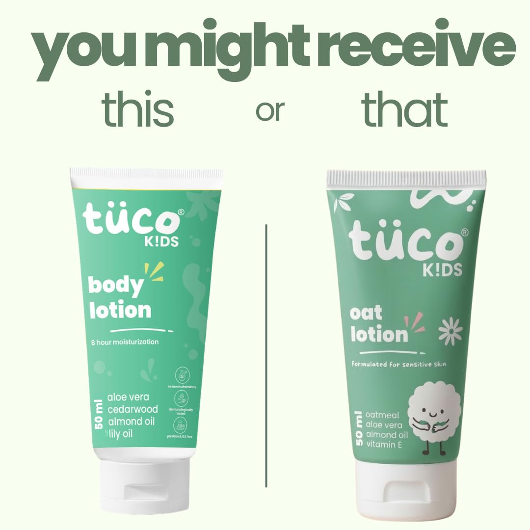 TucoÂ® Oat Body Lotion for Kids | 48Hrs Moisturization | 3-15 Yrs | Enriched with Vitamin E, Aloe Vera, Almond | Lightweight, Non-Greasy | All Skin Type | Dermat Tested | SLS & Paraben free | 50ml