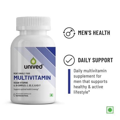 Unived Wholefood Multivitamin for Men | Vegan Plant-Based Multivitamins A, B-Complex, C, D3, E, & K2-7 | 100% Natural, Wholefood Plant Based, & Vegan | 60 Capsules