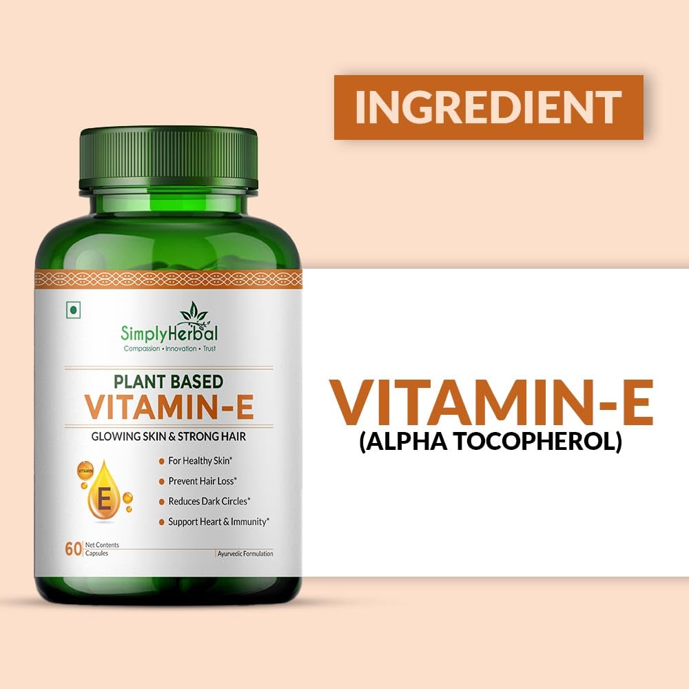 Simply Herbal Plant Based Vitamin E 10mg Capsules for Glowing Skin and Strong Hair | Vitamin E - 60 Capsules