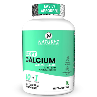 Naturyz Soft Calcium with Plant Vitamin D3 | Highest 10 Nutrients | Easy to Digest | Zinc | Magnesium | Fortified with Whole foods | Faster Absorption Triple Blend | Ideal Supplement for Bone Health & Joint Support - 60 Tablets